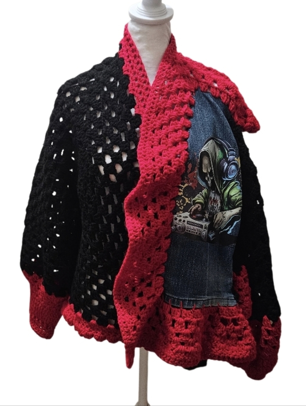 Granny Square Punk Rock Cardigan Skull DJ Upcycled Denim Crochet Jacket Unisex